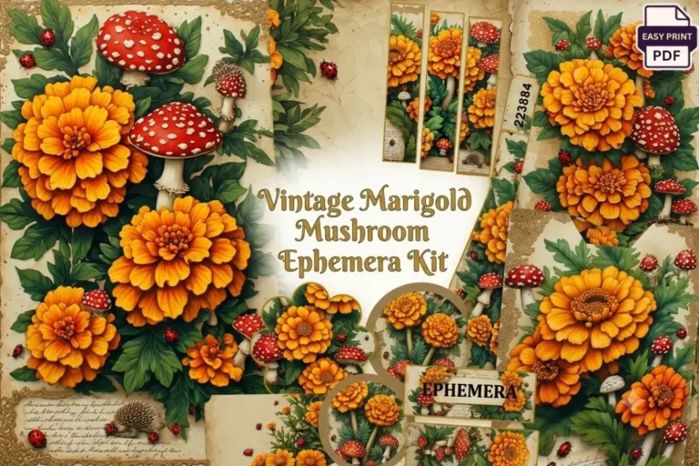 Vintage Marigold Mushroom ephemera kit preview, orange marigolds and red-and-white mushrooms on antique paper