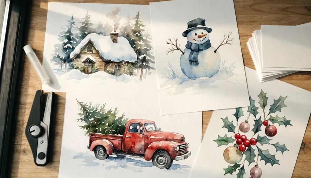 Watercolor Christmas clipart prints of a snowy cottage, a snowman, a red truck with a tree and holly, beside a paper trimmer