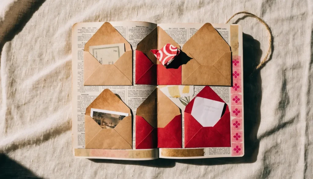 Envelope advent spread in a Christmas junk journal, small kraft and red envelopes holding a ticket, a photo and a folded note