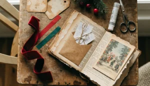 Christmas junk journal ideas: an open handmade junk journal with a vintage Christmas page, an envelope pocket of gift tags, red velvet ribbon and wrapping paper scraps on a wooden table