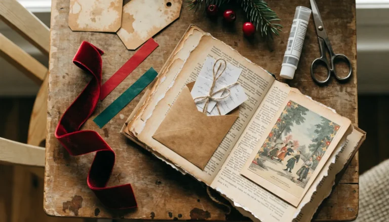 Christmas junk journal ideas: an open handmade junk journal with a vintage Christmas page, an envelope pocket of gift tags, red velvet ribbon and wrapping paper scraps on a wooden table