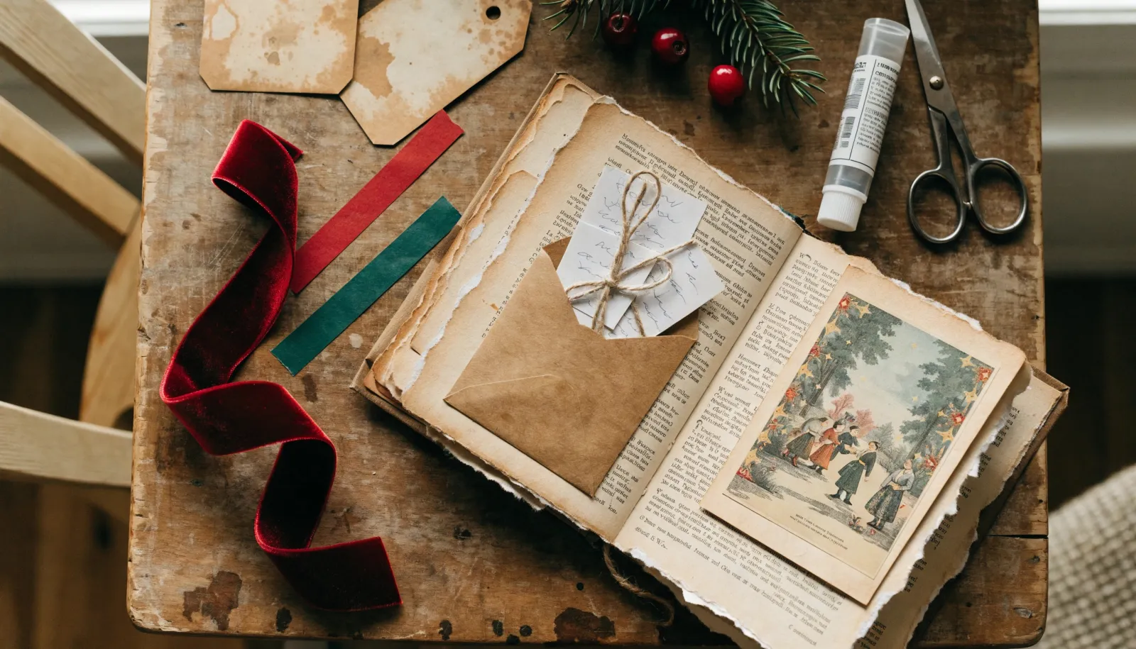 Christmas junk journal ideas: an open handmade junk journal with a vintage Christmas page, an envelope pocket of gift tags, red velvet ribbon and wrapping paper scraps on a wooden table