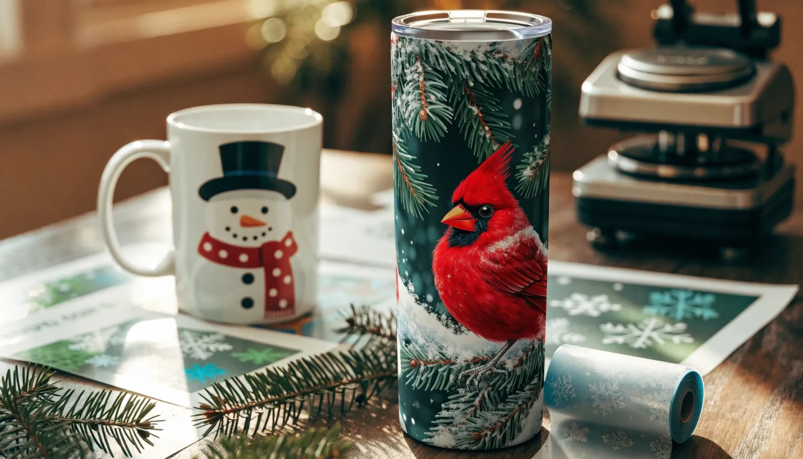 A sublimated Christmas tumbler with a red cardinal design and a snowman mug on a craft table, with a heat press behind