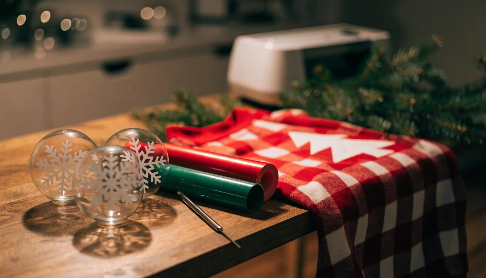 Christmas SVG projects: glass ornaments with white vinyl snowflakes and a plaid sweatshirt with an iron-on tree, a cutting machine behind