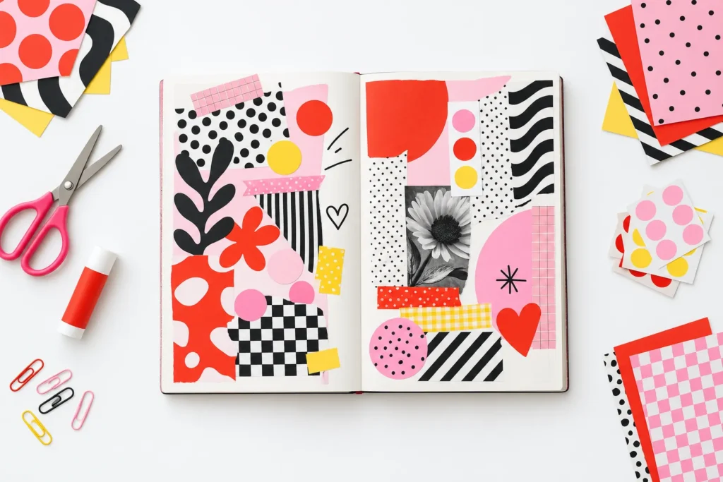 Open junk journal filled with a bright pink, red and black paper collage, washi tape and stickers, with scissors and paper stacks on a white desk