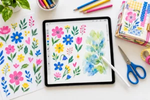 An iPad with a stylus showing hand-drawn floral stickers and a watercolor leaf, next to a printed sticker sheet, scissors and a junk journal