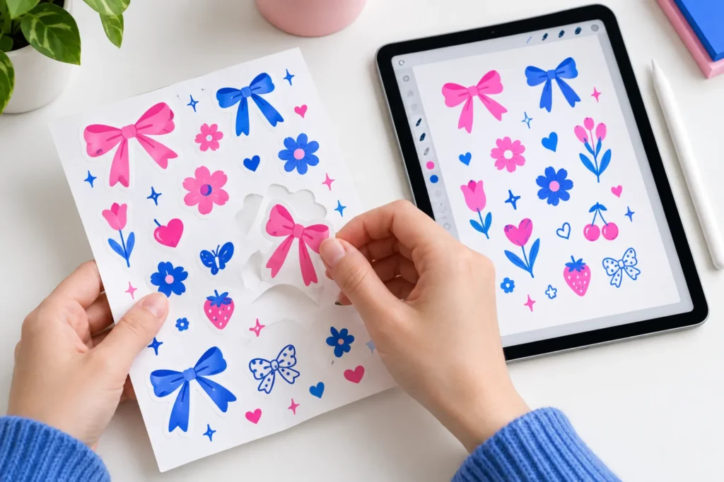 Hands peeling a printed bow and flower sticker off its sheet next to an iPad showing the same stamp designs
